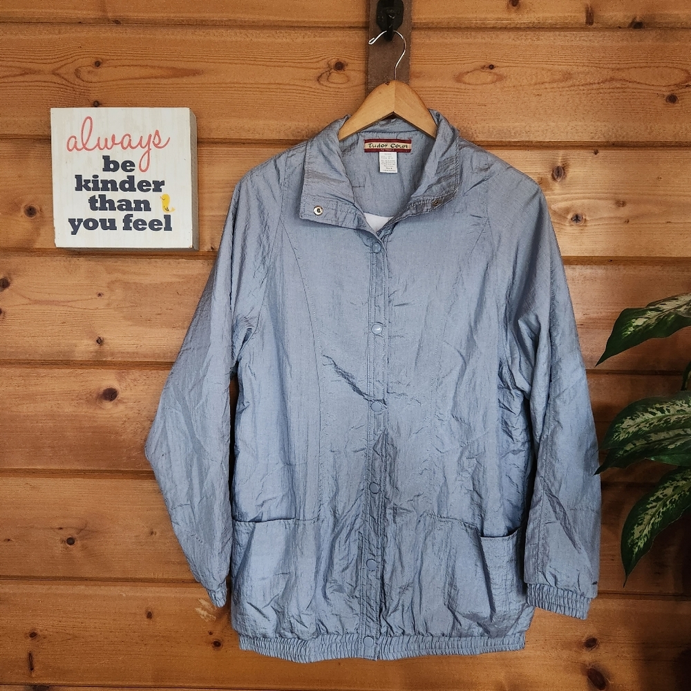 Tudor Court 💜 Vintage Windbreaker Track Jacket Snap Up Retro Blue Metallic Sz M